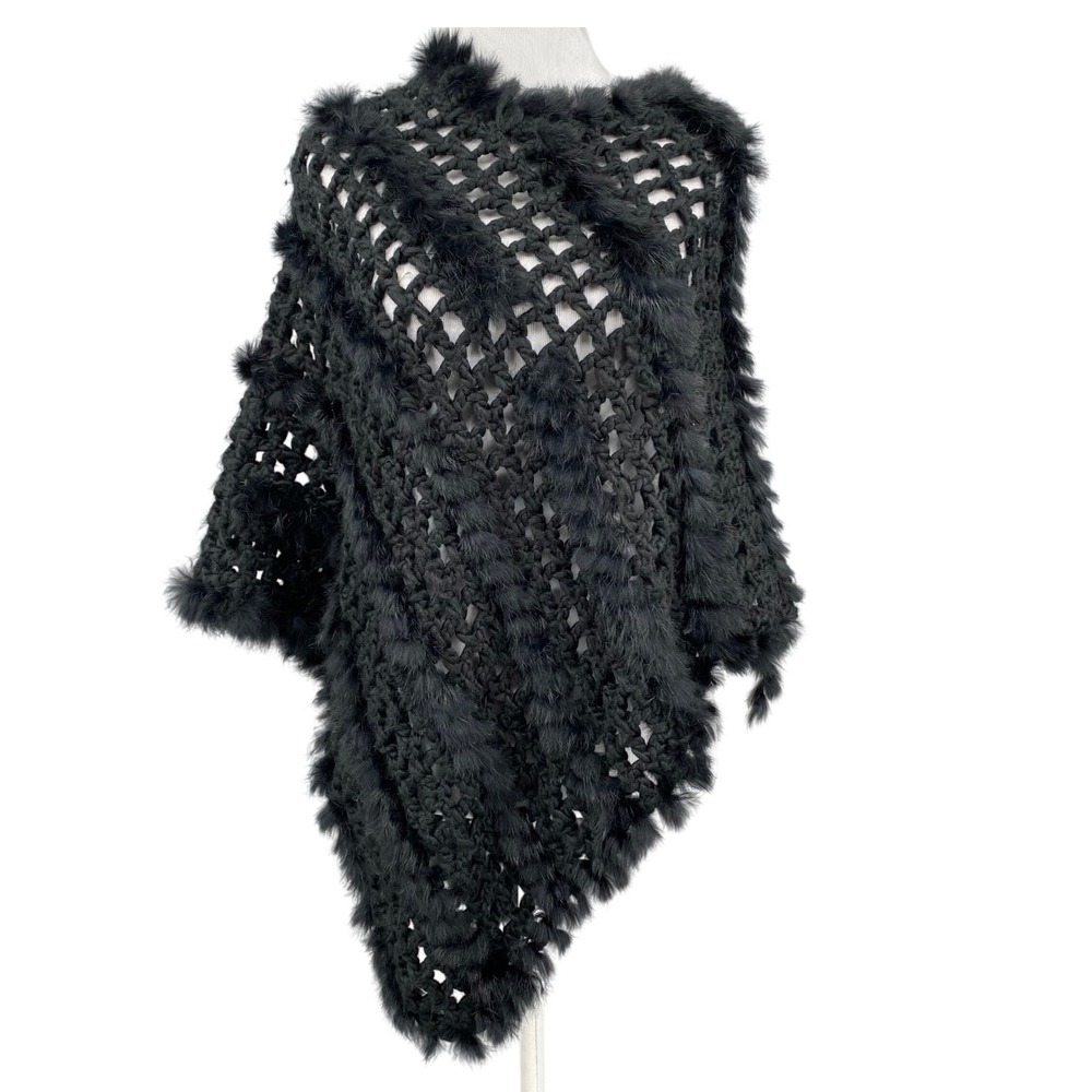 Kenneth Cole Reaction Black Crochet Rabbit Fur Poncho Shawl Wrap Sweater OS Luxe